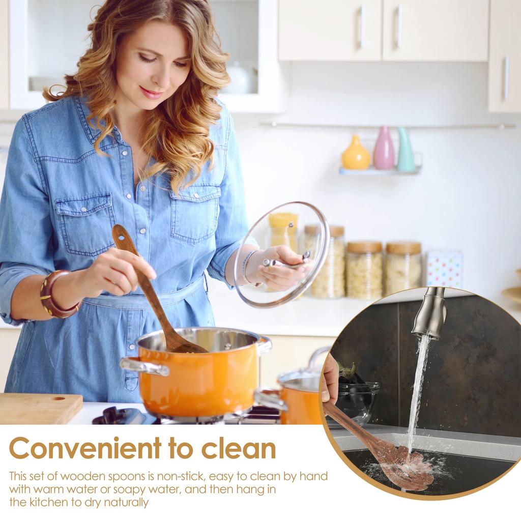 Zestaw 9 Drewnianych Przyborów Kuchennych Drewniane Łyżki do Gotowania Łyżka Serwująca Skrobak Szpatułka Szczypce Wszechstronny Akcesorium Kuchenne