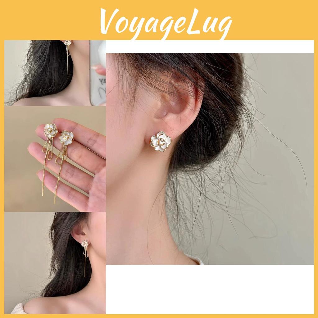 Elegant And Stylish Alloy Camellia Tassel Earrings Long And Slim Ear Thread Women's Fashion Accessories