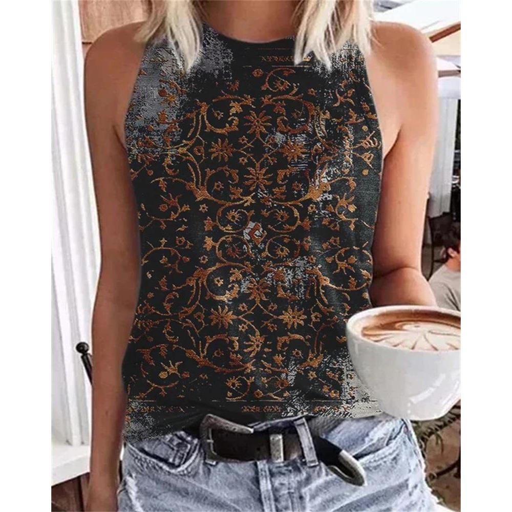 

Летние винтажные топы с цветочным принтом 3D, женская мода, уличная одежда, свободный жилет с круглым вырезом, без рукавов, женская майка L