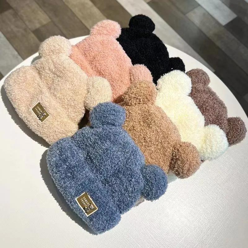 Women Fashion Bear Ears Knitted Hat Thickened Plush Cap