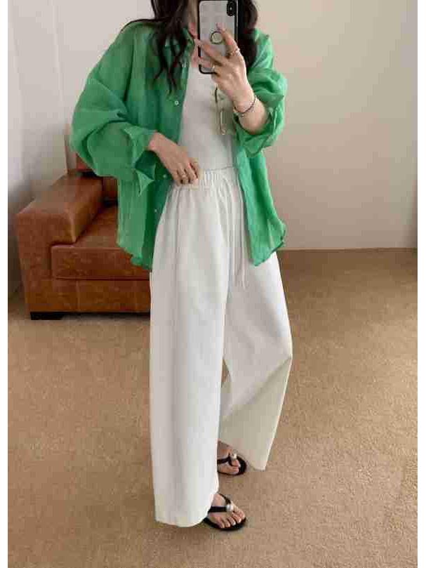 Ting Lan White Cow Elastic Loose Wide-Leg Slimming Casual Nine-Point Pants