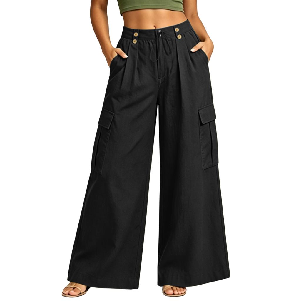 Women Wide Leg Cargo Pants High Waist Button Detail Loose Fit Casual Trousers with Side Pockets and Pleated Design
