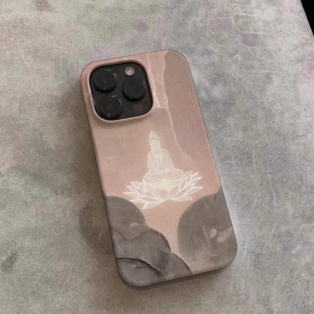 

Чехол для телефона в стиле дзен с градиентом от розового к серому и рисунком Будды на лотосе для iPhone 17 16 15 14 11 12 13 Pro Max Air Plus Задняя крышка iPhone 12 Pro