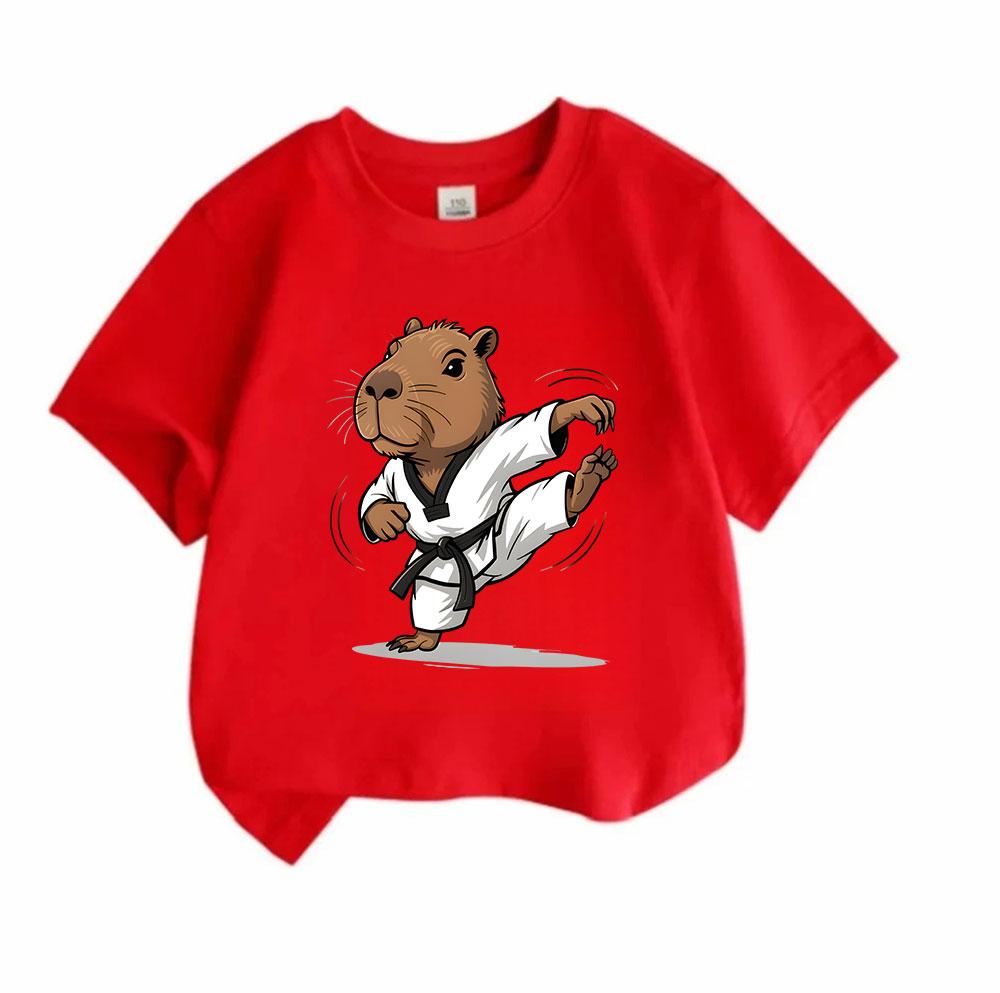 Kids Boys Girls 100% Cotton Crew Neck Short Sleeve T-Shirt, Funny Capybara Taekwondo Karate Martial Arts Cartoon Print Casual Cute Tee for Children Da