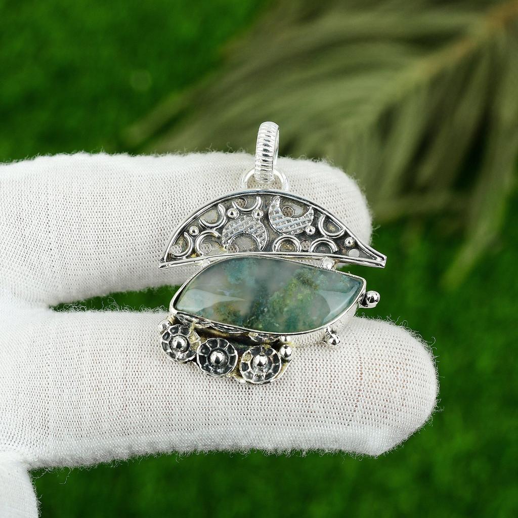 Marquise Solar Moss Agate Gemstone 925 Silver Wedding Ethnic Wife Unique Pendant