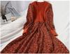 Trendy Autumn/Winter Korean Style Slimming Patchwork Tie-Up Knit Long Dress with Corduroy Floral Print