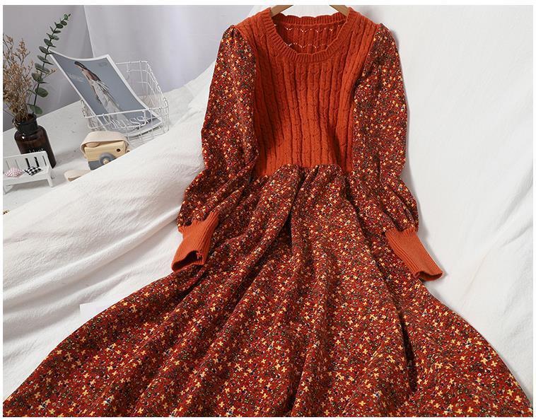Trendy Autumn/Winter Korean Style Slimming Patchwork Tie-Up Knit Long Dress with Corduroy Floral Print