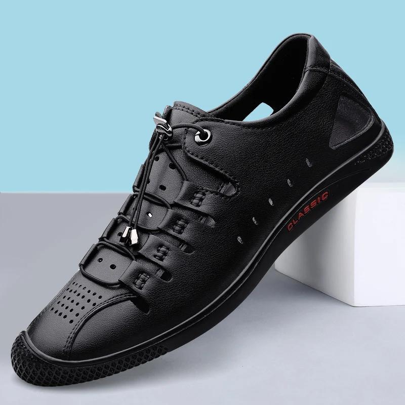 Fashion Summer Beach Camping Beach Shoes Hollowed Out Men's Sandals Lightweight Breathable Leather Casual Shoes Simple Men's Flat Shoes