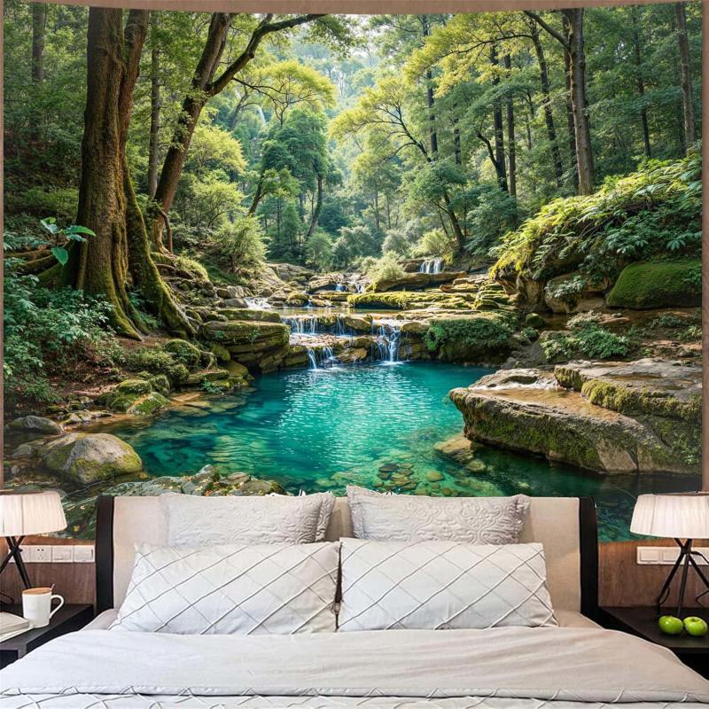 Zussun Natural Forest Tapestry Green Tree Wall Tapestry Bedroom Aesthetic Plant Stream Pool Landscape Small Tapestry Wall Hangin