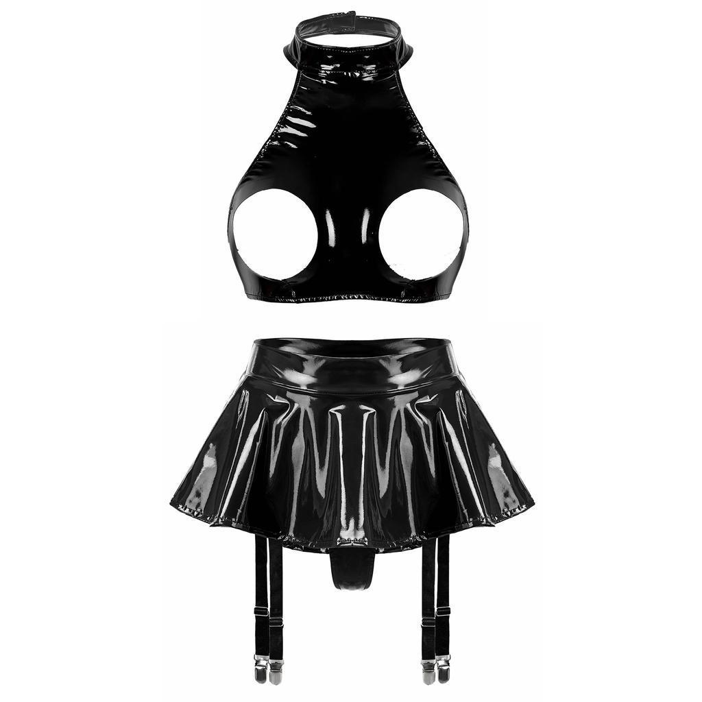 Women Shiny Leather Lingerie Set Cupless Bra Top with Ruffle Built-in Thongs Garter Mini Skirt for Party Clubwear Sexy Outfits