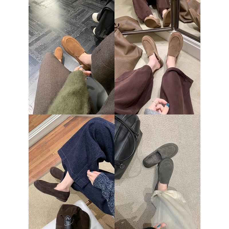 Cowhide Version~ Genuine Leather Retro Soft Waxy Women's Autumn and Winter New Round Head One-pedal Plush Beanie Shoes