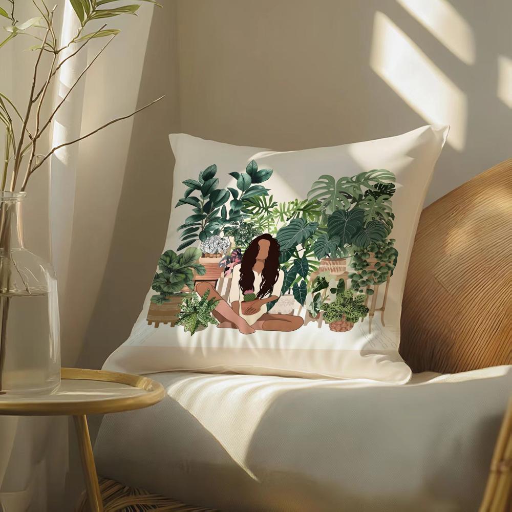 Elegant Simple Flower-Growing Girl Pillow Case Pattern Printed Pillowcase For Living Room Sofa Cushion Cover & Bedroom Decor
