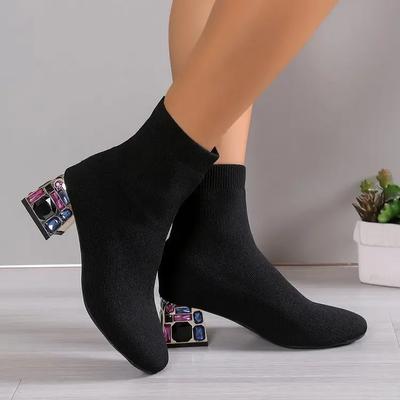 Women Hot Sale High Heels Short Boots  Winter Designer Square Toe Mesh Breathable Stretch Sock Boots Slip On Platform Shoes