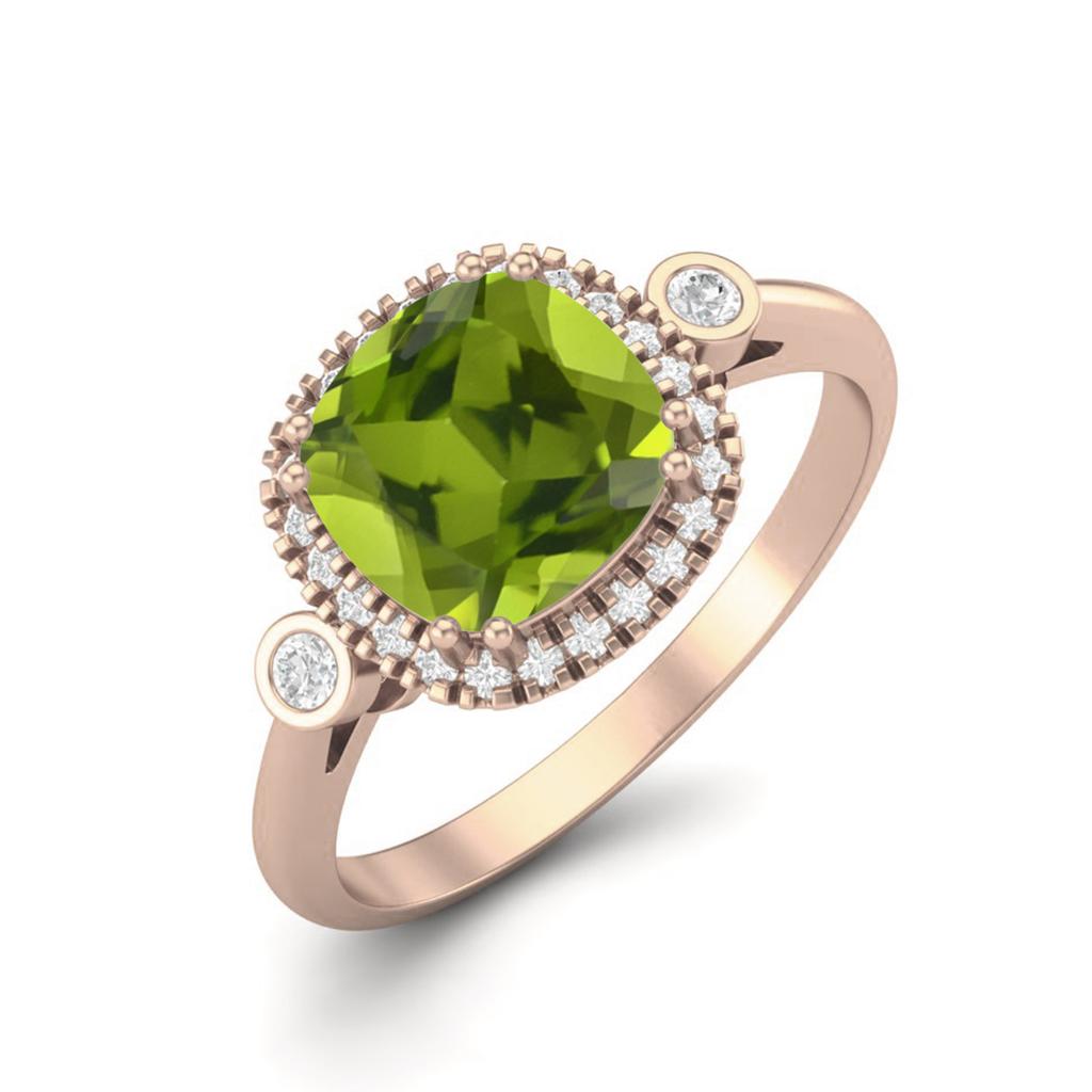 7mm Cushion Peridot 925 Sterling Silver Rose Vermeil Solitaire Accents Women Anniversary Ring