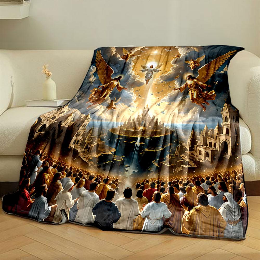 Ascended Jesus Angels Holy City  Printed Blanket for Living Room Bed Couch lunch break Soft Cozy Blanket for Friend's festival Gift
