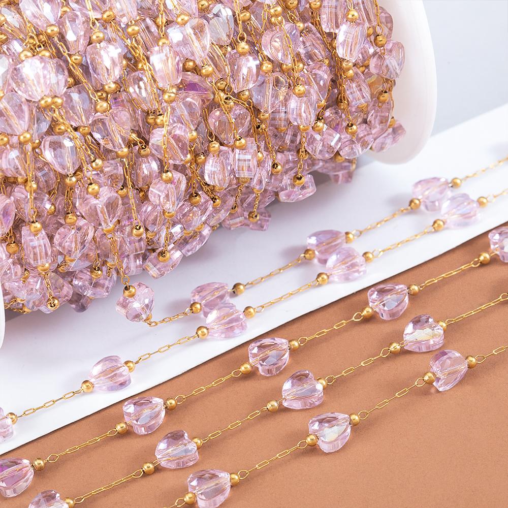 2meters 1meter Stainless Steel Love Heart Beaded Chain Clear Pink Green Crystal Chain for Necklace Bracelet Jewelry Making DIY