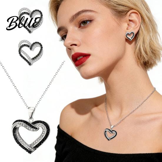 Rhinestone Heart Jewelry Overlapping Hearts Set Black White Necklace