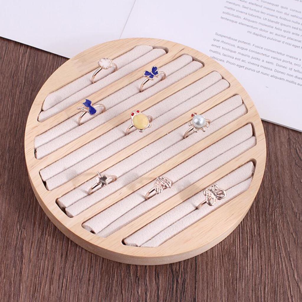 Round Wooden Jewelry Showcase Ring Display Tray Organizer White Leather