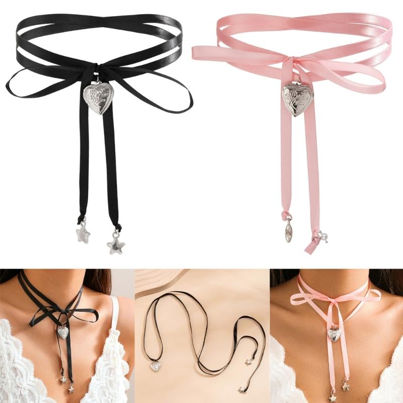 Elegant Ribbon Necklace Unique Heart Star Pendant Necklace Adjustable Bowknot Choker Adornment for Women Wedding Jewelry