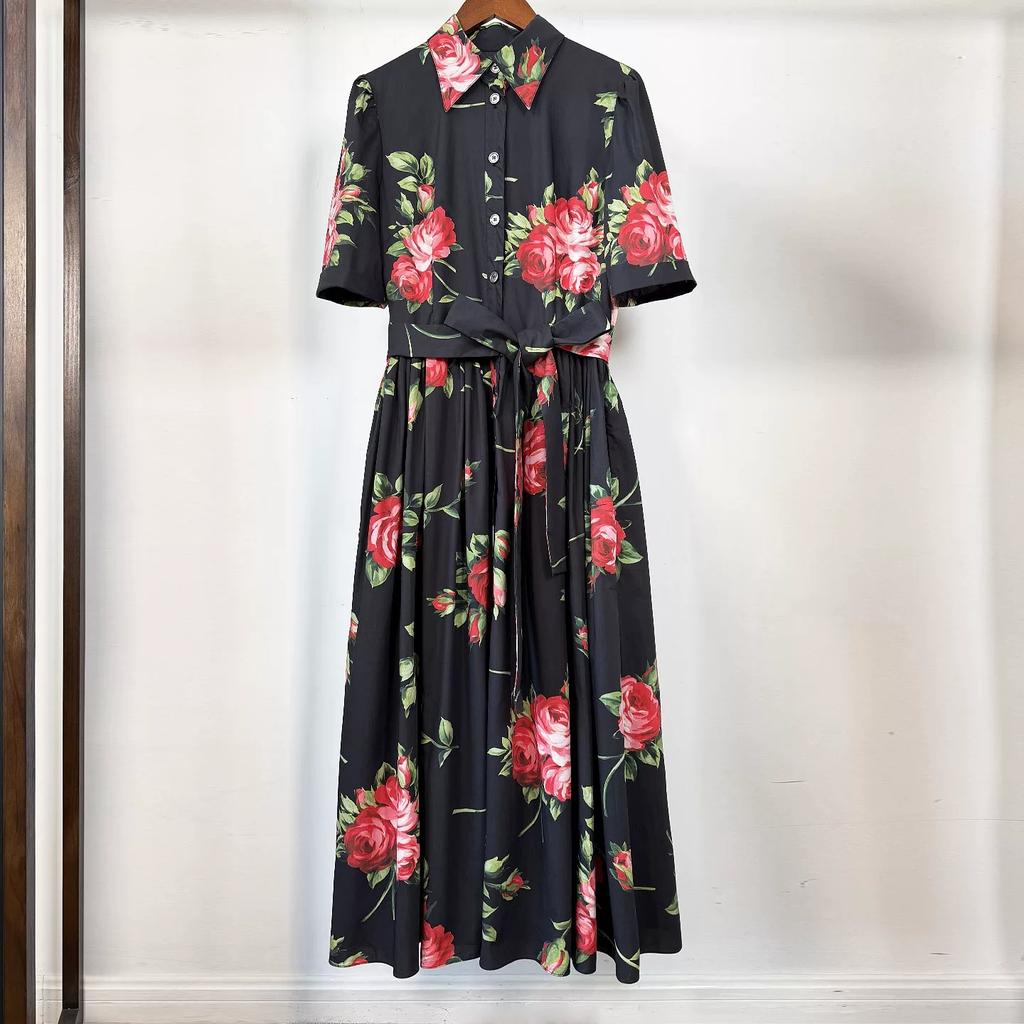 New Summer Beach Gorgeous Floral Midi Dress Shirt Women Single Breasted Belt Lace Up Short Sleeve Long Party Dresses Office Lady