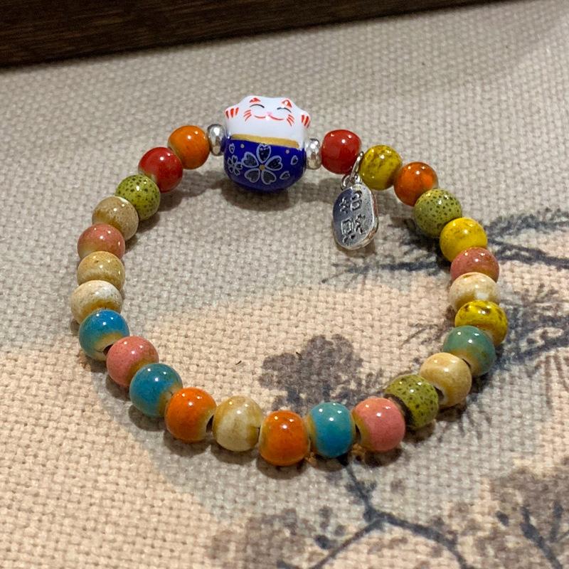 Bracelet Chat Porte-Bonheur Dessin Animé Mignon Pour Femmes Filles Bracelets Élastiques Colorés à Perles Breloques Chat en Céramique Bijoux Cadeaux