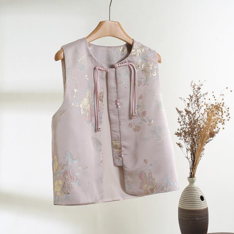 Single Round Neck Brocade Vest Retro Buckle Temperament Vest Woven Versatile