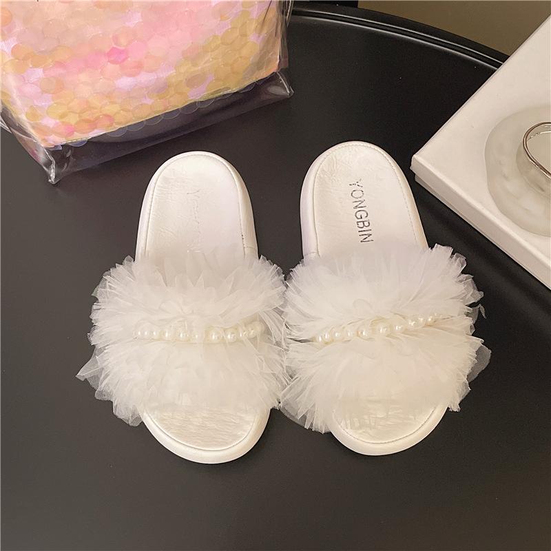 Mesh casual pearl cool slippers women's summer wear small soft bottom comfortable height increase fairy style one-word slippers