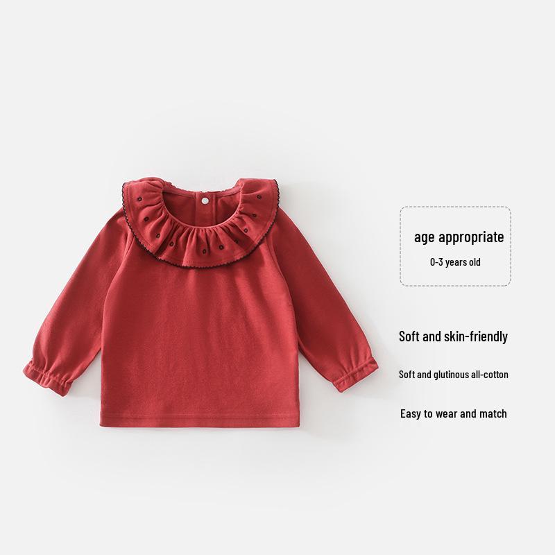 

Girls Stylish Lace Long-Sleeved Cotton T-Shirt - Versatile Base Layer for Spring and Autumn. 73 cm вишня/красный