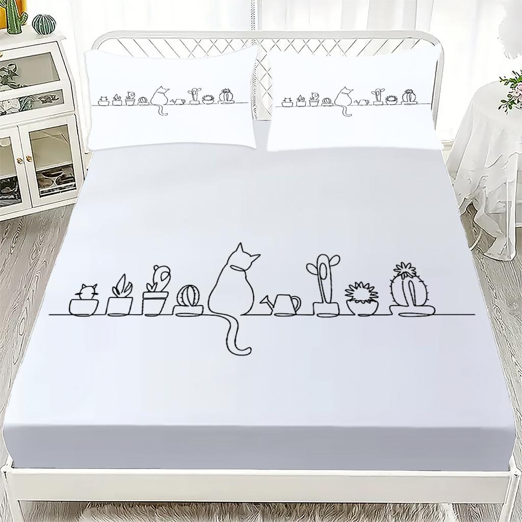 3pcs White Fitted Sheet Set Lovely Cartoon Cat Dog Print 100% Polyester Breathable Bedding Set for Home Decor with 2 Pillowcases