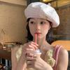 Japanese Style Pink Plaid Beret Hat Women Spring New Fashion Face Slimming Painter Octagonal Cap