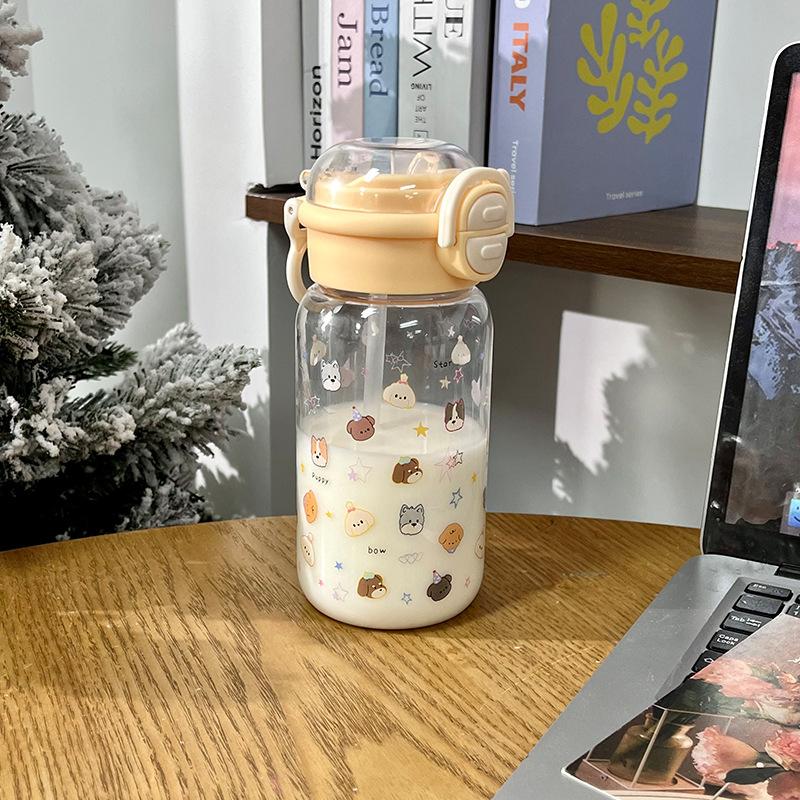 Water bottle cartoon high value printed plastic cup girls summer water cup double drink portable student cute cup straw cup