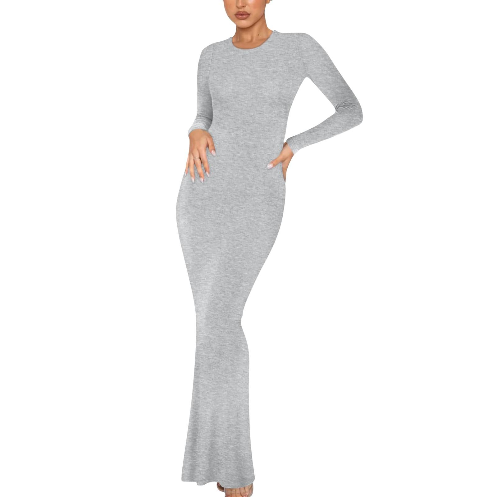 Женское модное и элегантное однотонное облегающее длинное платье с круглым вырезом — фото 8