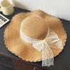 Sun Hat Large Wavy Brim Breathable Summer Straw Hat with Lace Bow Tulip Decor Foldable Portable Travel Hat