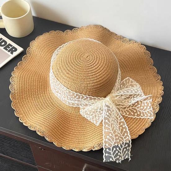 Sun Hat Large Wavy Brim Breathable Summer Straw Hat with Lace Bow Tulip Decor Foldable Portable Travel Hat