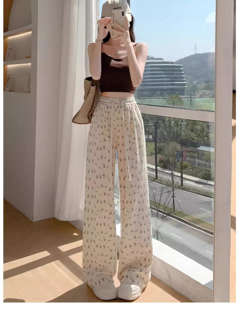 Petite 150 Women's Floral Wide-Leg White-Gray Sweatpants: Casual Spring/Summer American Style 145cm