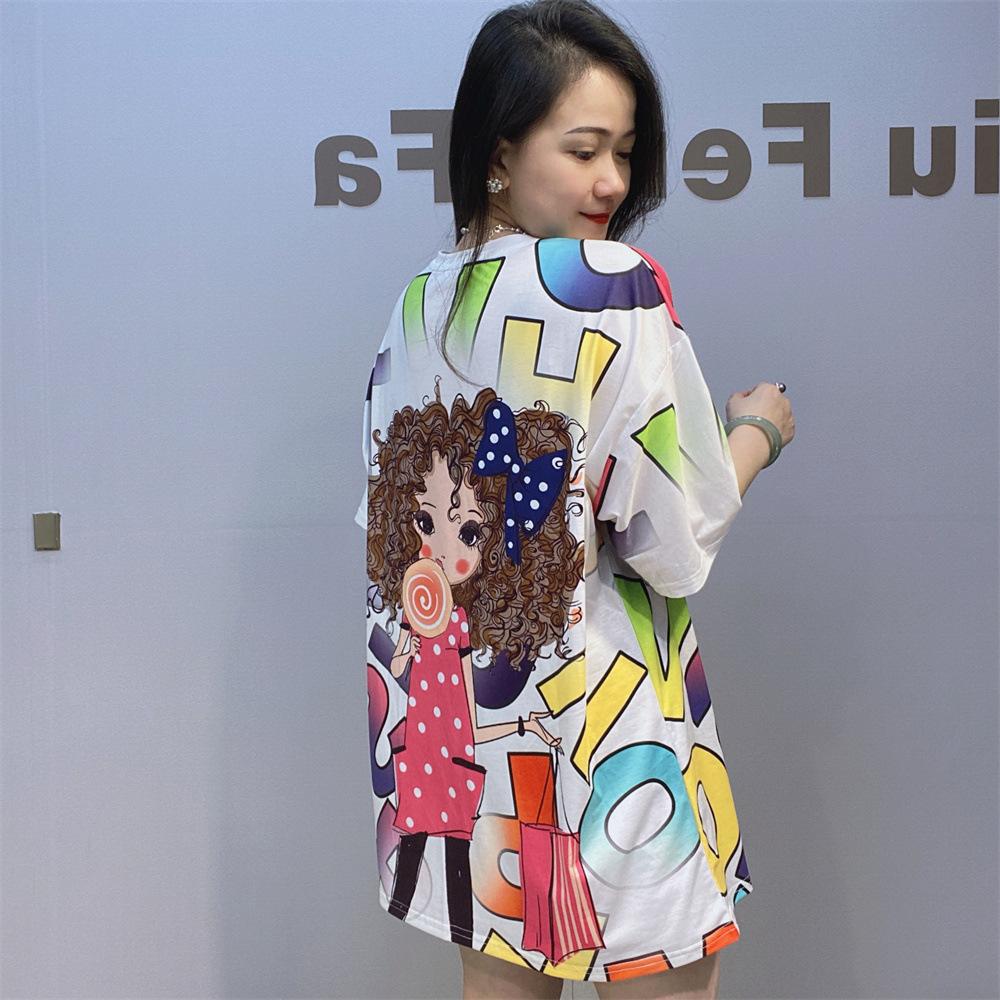 Colorful Fashion Printed T Shirts Women Summer Clothes Casual Cartoon Girl Diamonds Beading Short Sleeve Tops Tee