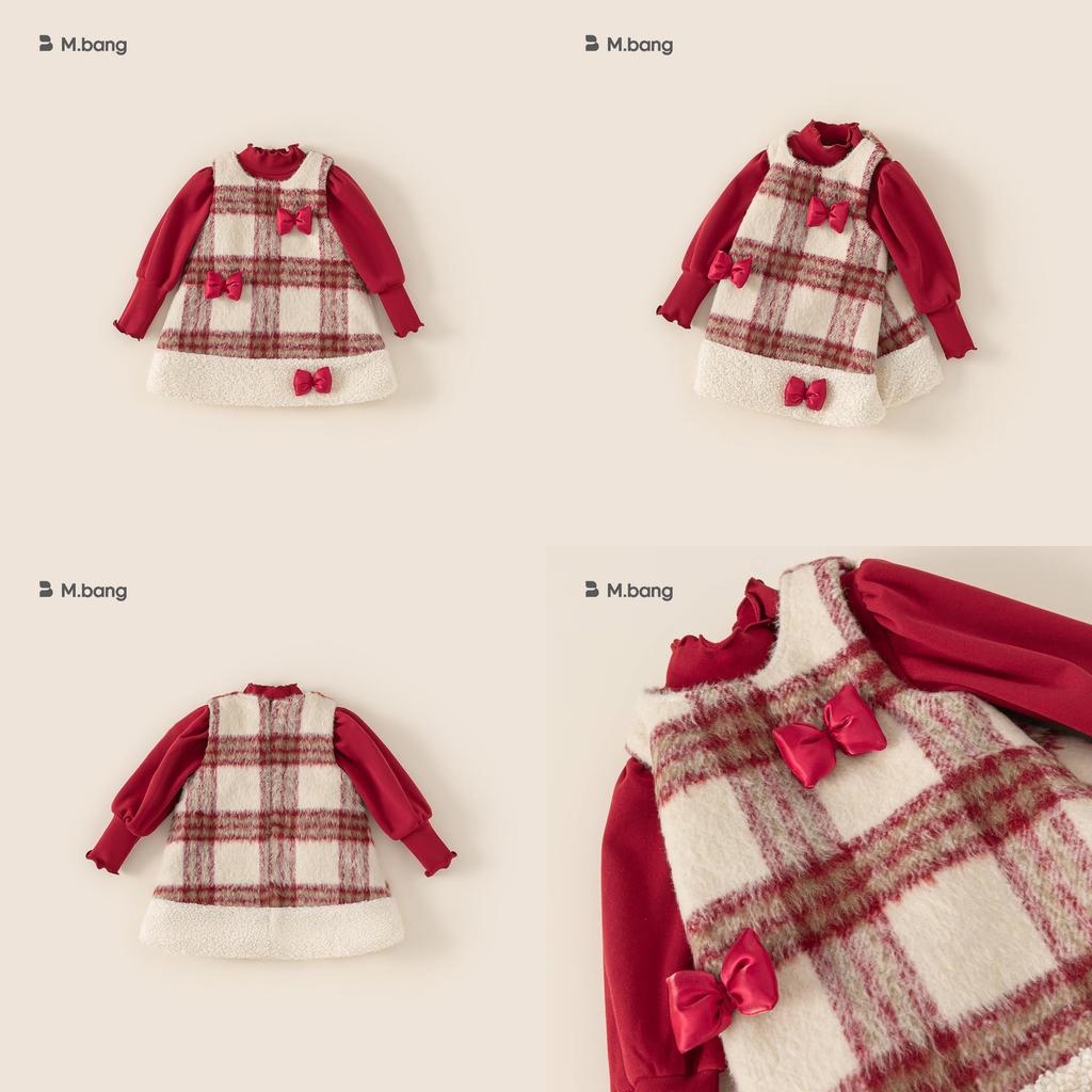 Red Top Bowknot Checkered Vest Skirt Christmas Set Children Autumn Clothing For Ages 3 To 8