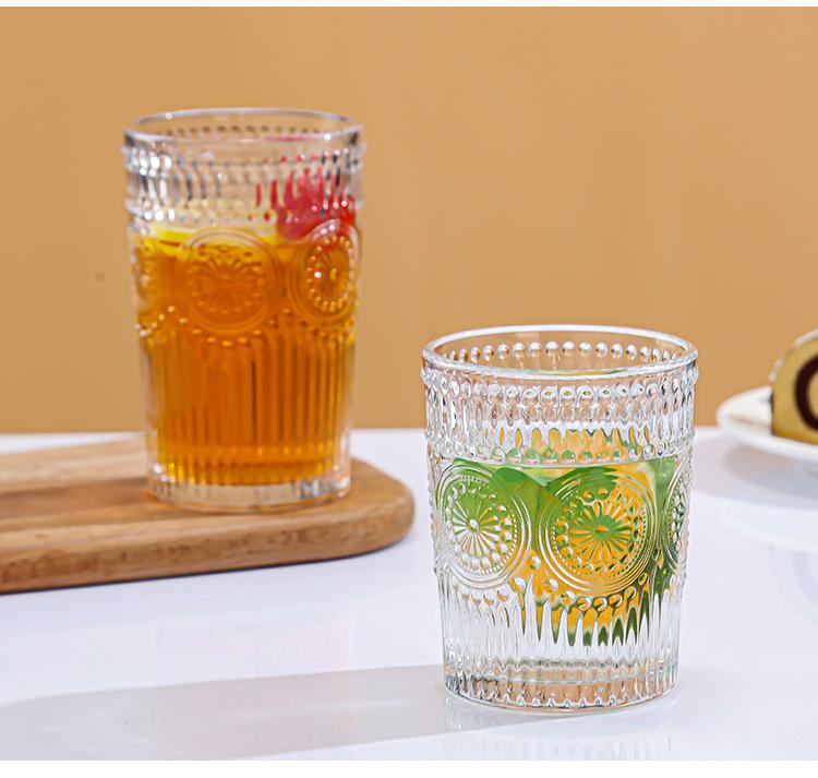Gold Rim Sunflower Embossed Glass Cup Retro Insulated Coffee and Cold Drink Cup Household 350ml