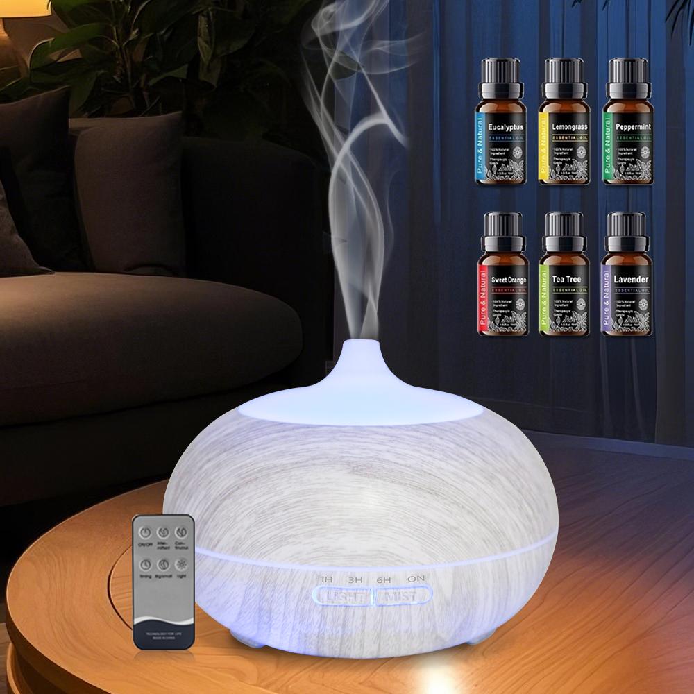 550ml Wood Grain Aromatherapy Diffuser, Remote, 6 Essential Oils, 7 Color LED Light