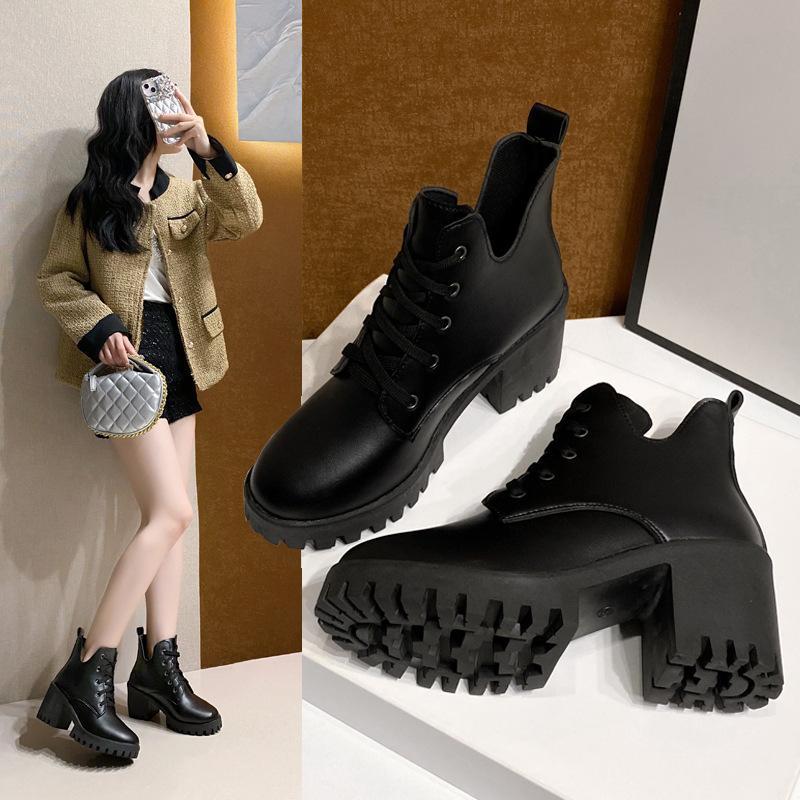 Martin Boots Autumn and Winter New Round Head Zipper Platform British Style Thick Heel Short Boots