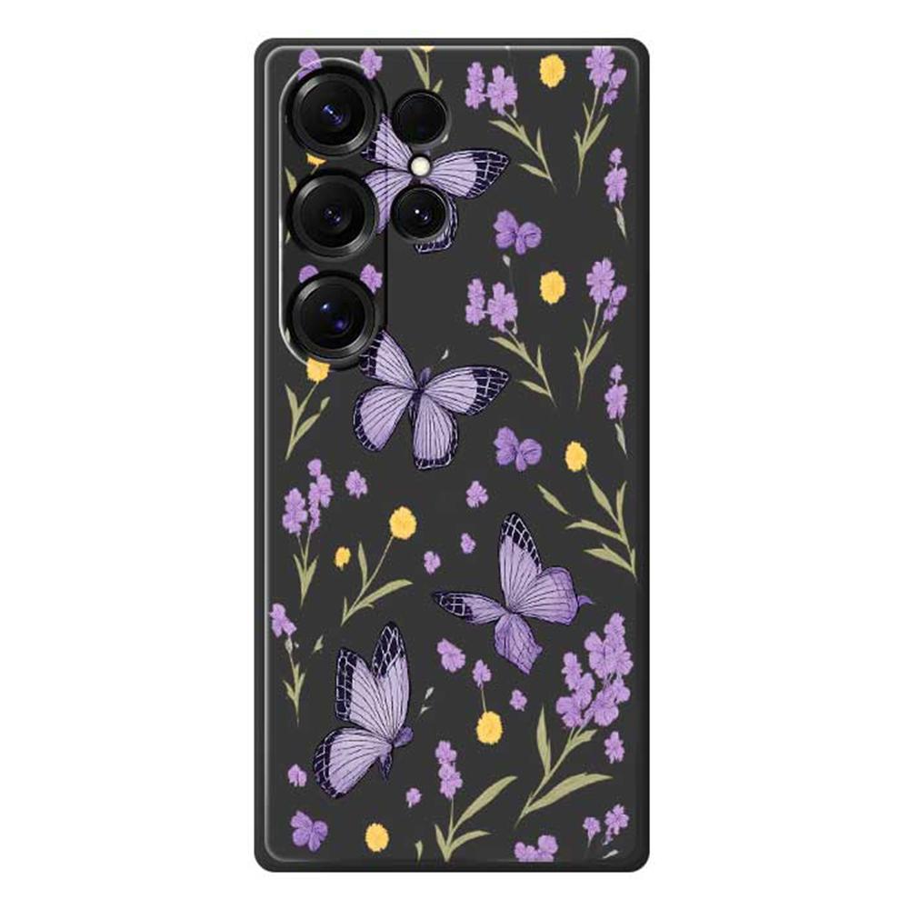 

For Samsung Galaxy S25 Ultra Case Purple Butterflies Pattern Printing Straight Edge TPU Phone Back Cover Black