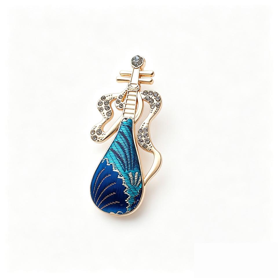 Fang Song Pattern Jade Lute Brooch - Metal Set with Diamonds - Traditional Chinese Musical Instrument Brooch Pin