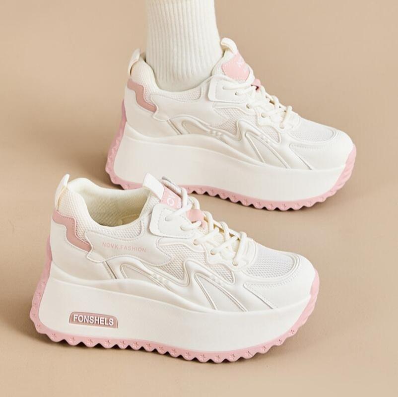 Autumn 8Cm Mesh Microfiber Vulcanize Chunky Sneaker Lace Up Shoes Fashion Synthetic Leather Flats Platform Wedge Women Ladies