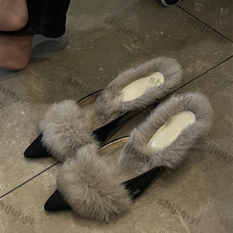 Fashion Women Pointy Heels Half Slippers Square Toe Casual Female Fashion 2025 Spring Trend New Luxury Plush Slides Dress Fur Flip Flops