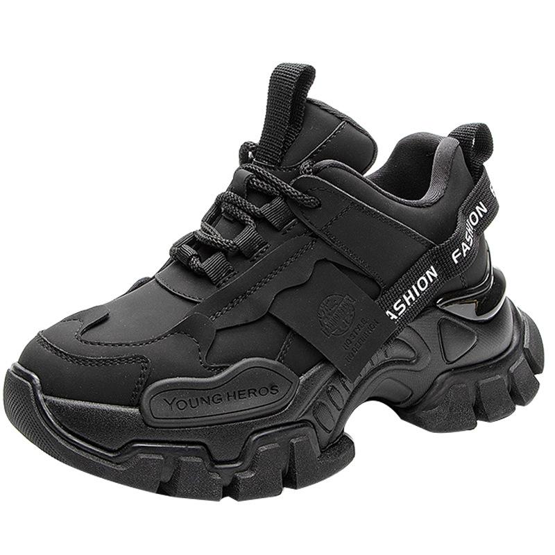 Daddy Shoes Autumn Women's Fashion Platform Black Sneakers Leather Versatile Non-slip Heightening Casual Shoes