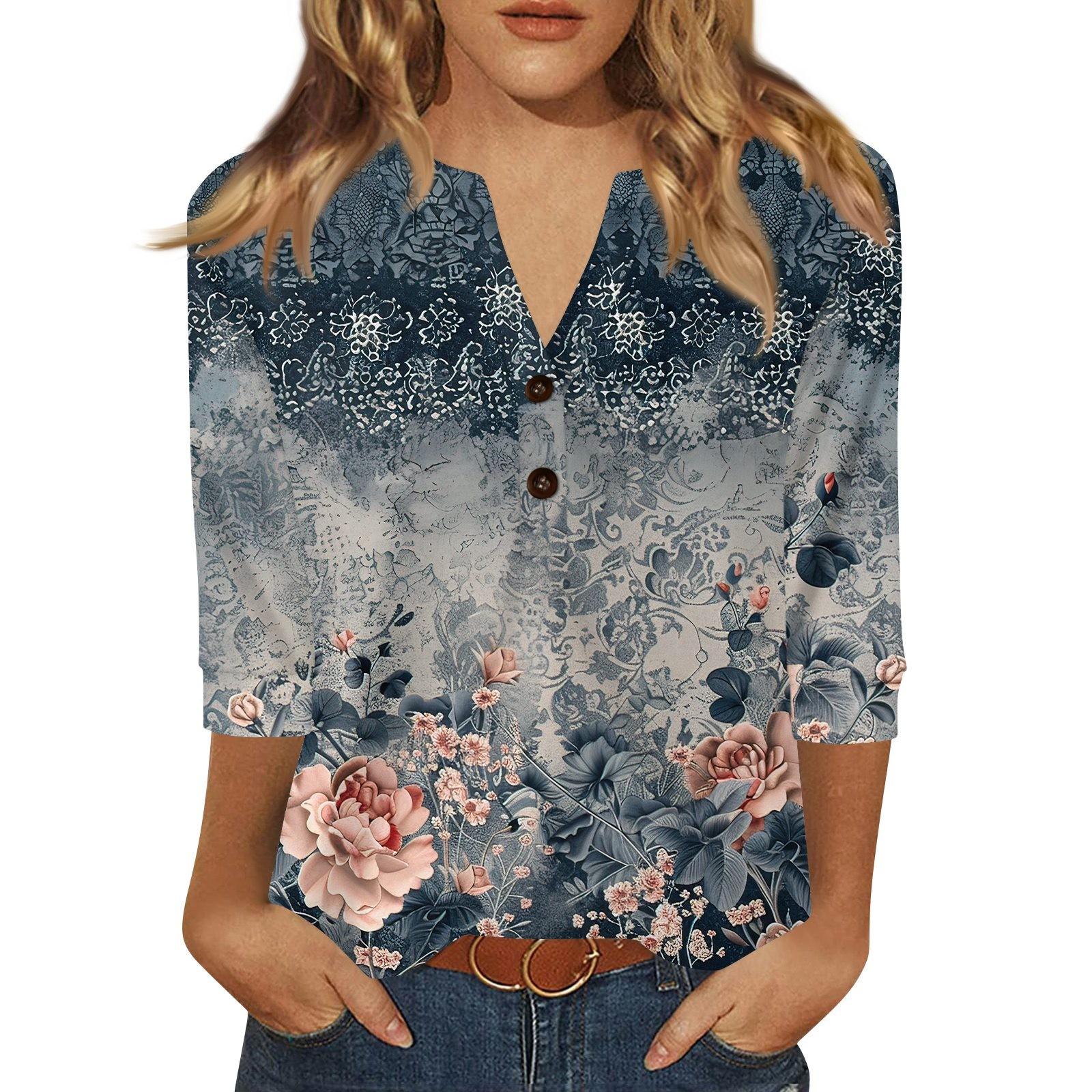 

Жен. Футболка С принтом Пуговицы Рукав 3/4 Повседневные Выходные Мода Классический Классический V-образный вырез Обычный Верх XL тёмно-синий