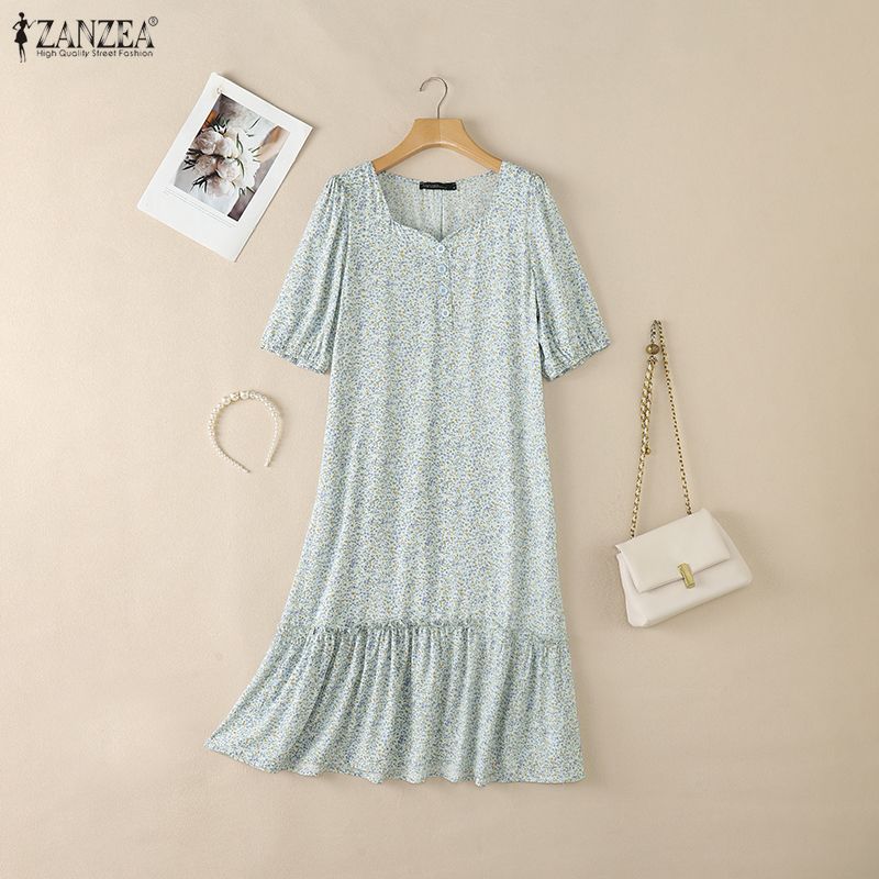 ZANZEA Women Casual Square Collar Summer Short Sleeve Floral Dress