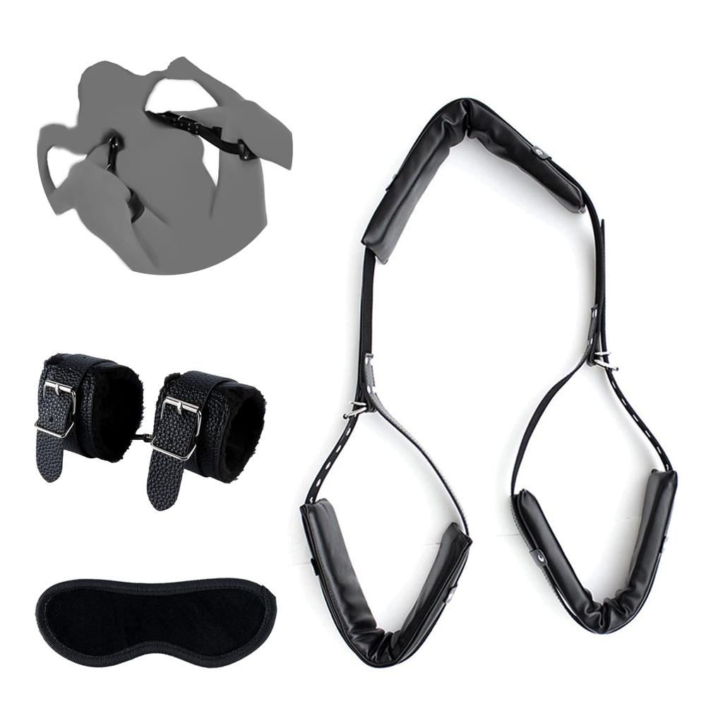 Soxeeh SM Goods Set with and Eye Adjustable SM Belt and Belt Set, 3-Piece M-Shaped Leg-Spreading Restraints, Handcuffs, Mask, Leg-Spreading (Black)