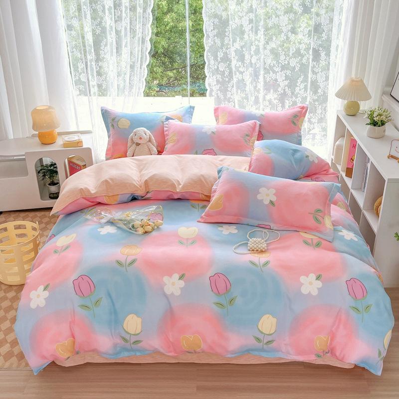 Set gros din bumbac periat, din patru piese, mic, proaspăt, prietenos cu pielea, pentru dormit gol, cearceaf de pat, husă de pilotă, set din trei piese, lenjerie de pat