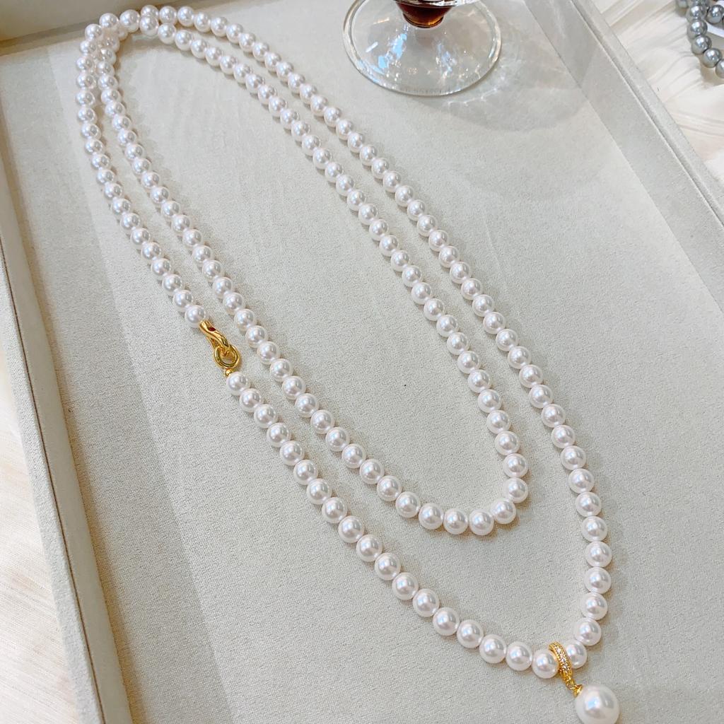 Pearl Double Stacked Long Neck Chain Niche Design Fashionable Silver Necklace Beads High-End Exquisite Chain Sweater Chain